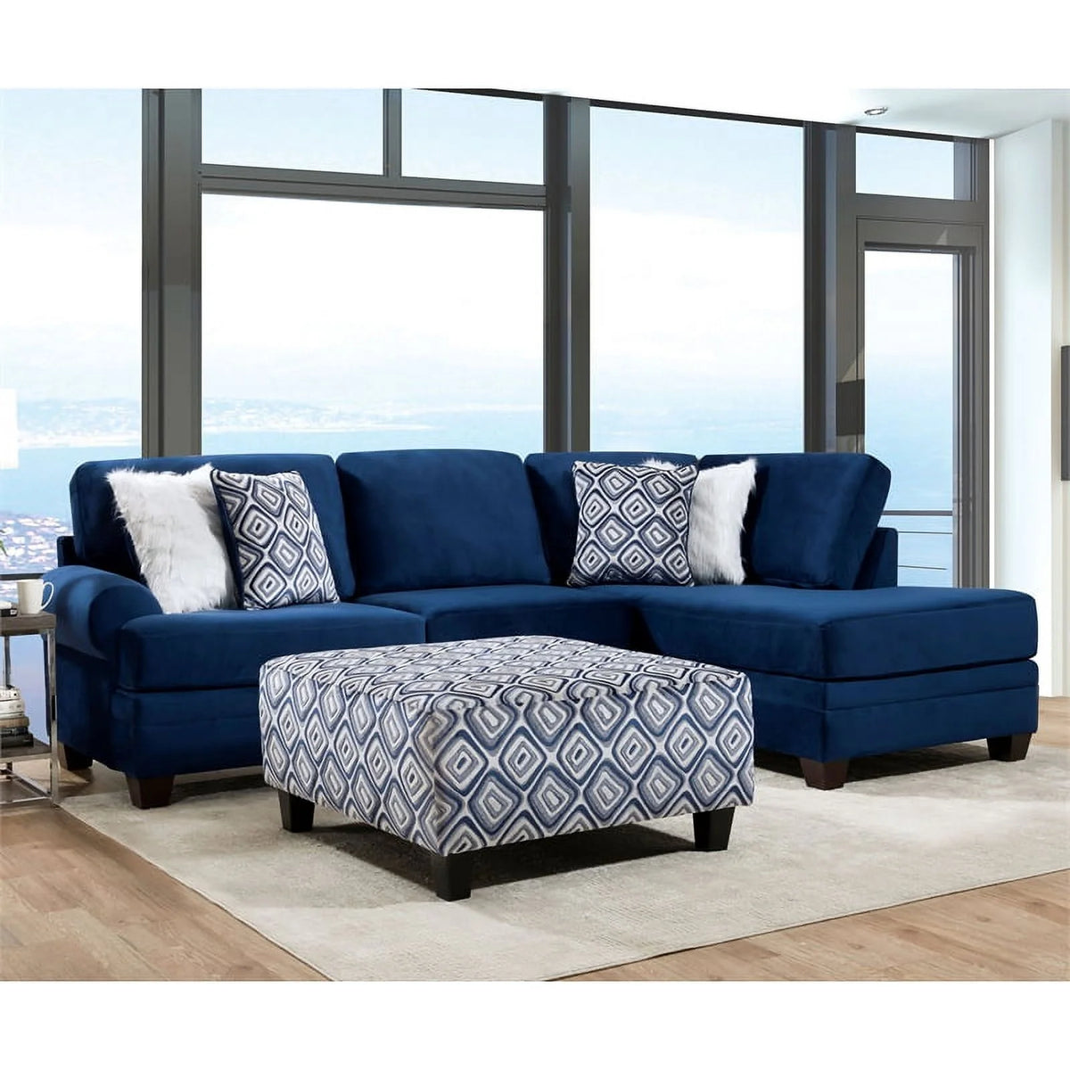 Navy Microfiber L-Shaped Sectional with Ottoman I72401