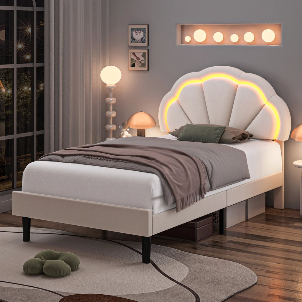 Twin Size Off-White Velvet Upholstered Platform Bed with Adjustable Headboard V55352