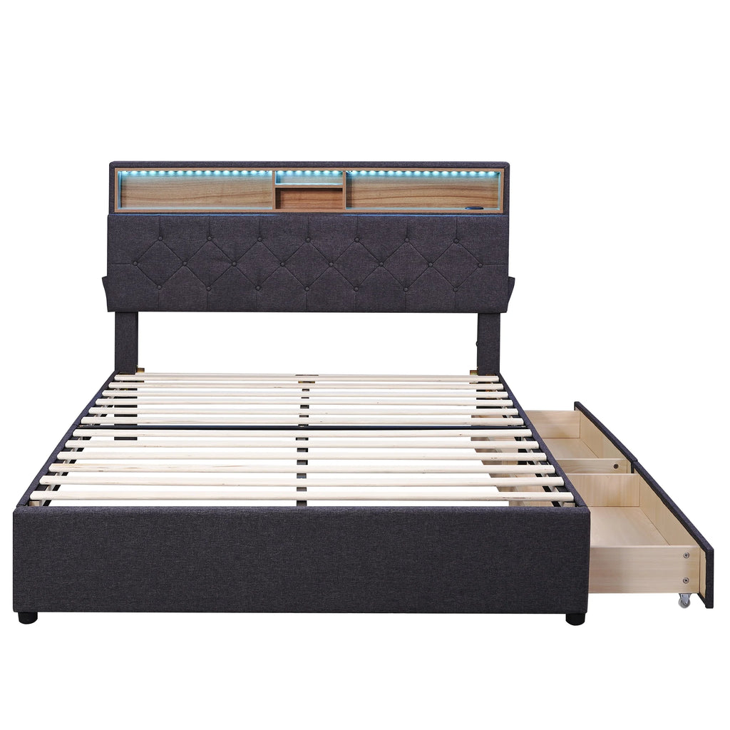 Upholstered Full Platform Bed with Shelf and 2 Drawers T9298