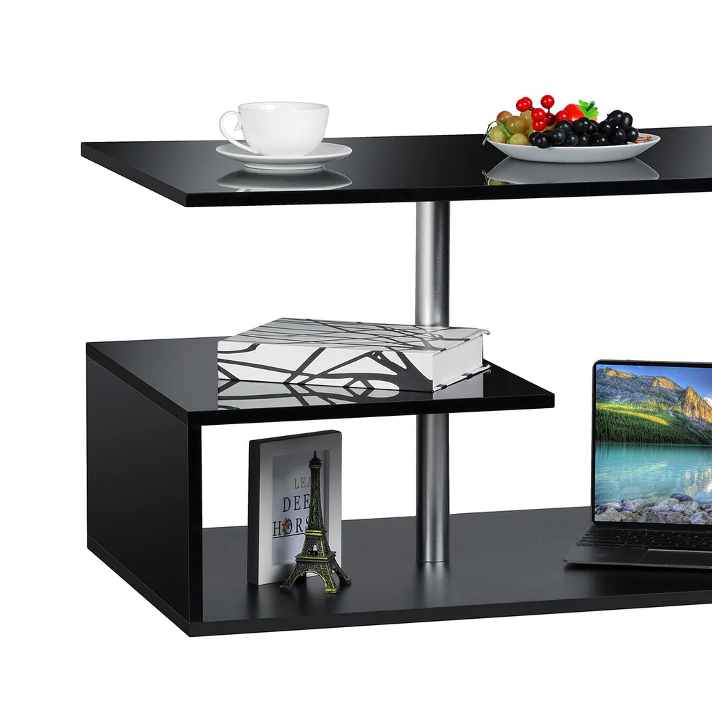 High Gloss Coffee Table with Open Shelf LED Lights White S Shaped Y2252