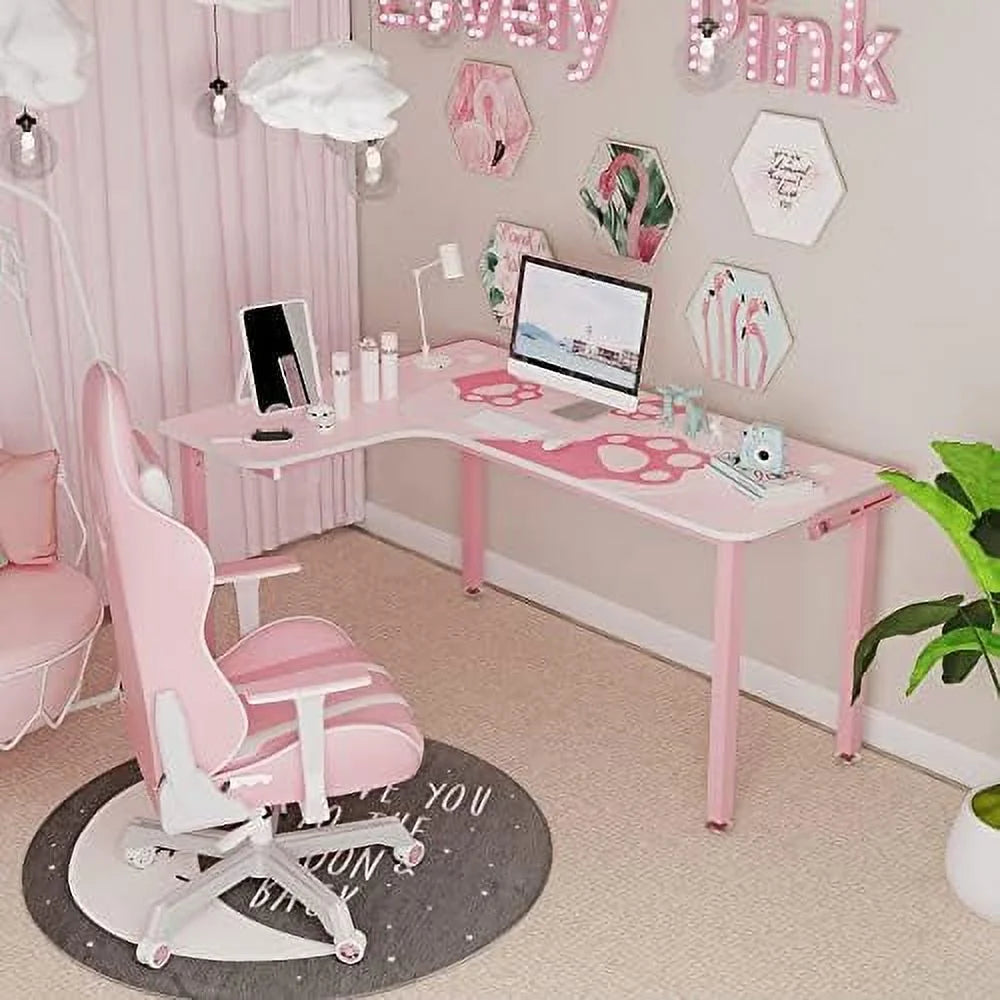61 Inch L Shaped Pink Gaming Desk with Mousepad C29164