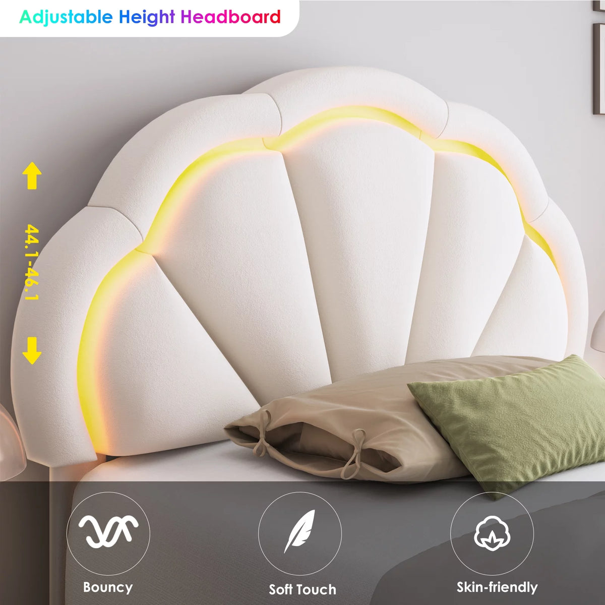 Twin Size Off-White Velvet Upholstered Platform Bed with Adjustable Headboard V55352