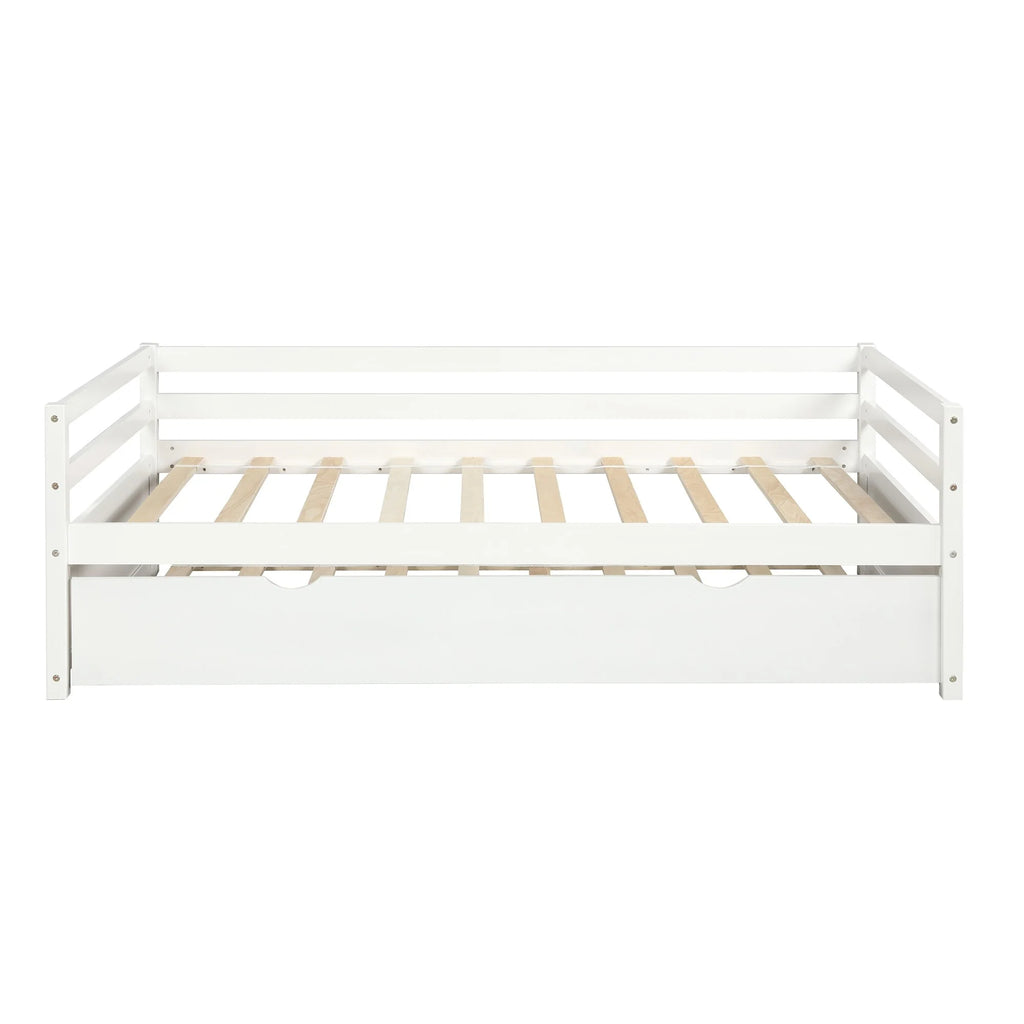 White Twin Wood Daybed with Trundle and Guardrails H1159