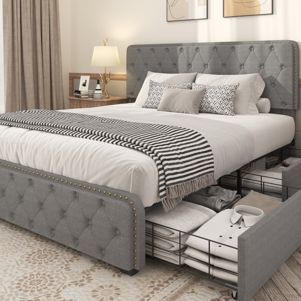 Queen Size Platform Bed Frame with 4 Storage Drawers and Upholstered Headboard D53900