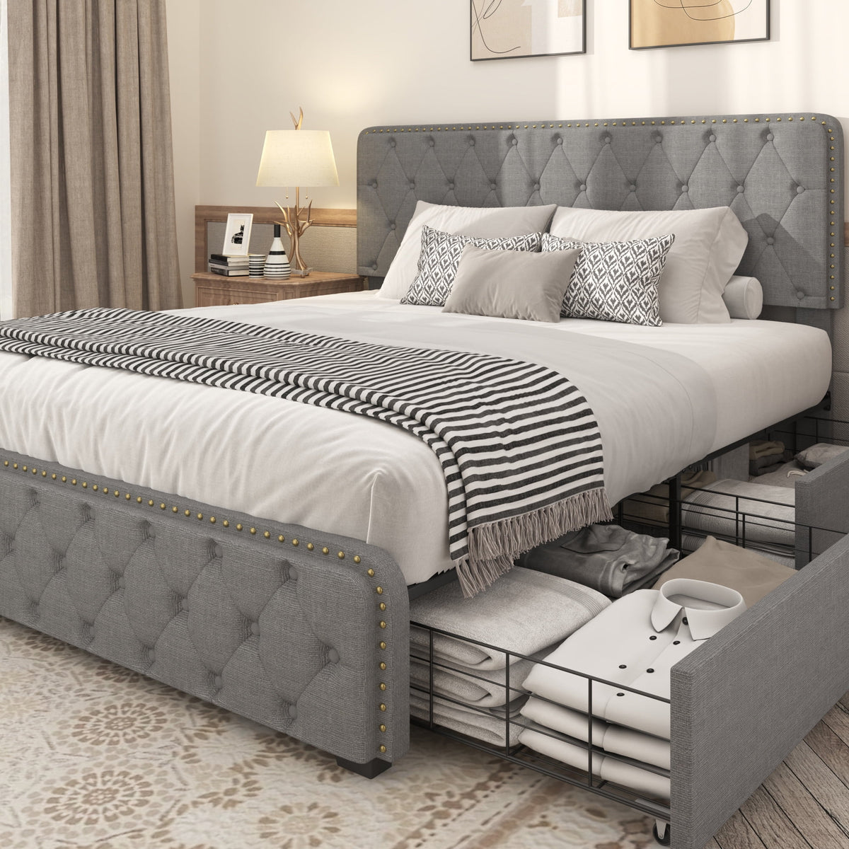 Queen Size Platform Bed Frame with 4 Storage Drawers and Upholstered Headboard D53900