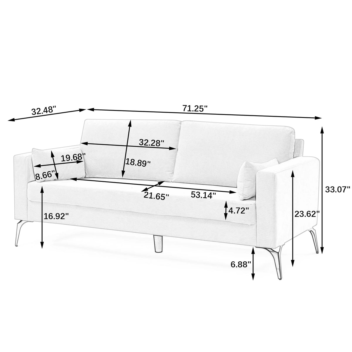 Navy Corduroy 3-Seater Sofa with Two Small Pillows T731608