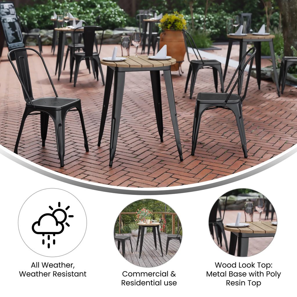 Commercial Grade Indoor/Outdoor Dining Table, Brown Poly Resin Top with Black Steel Base S255