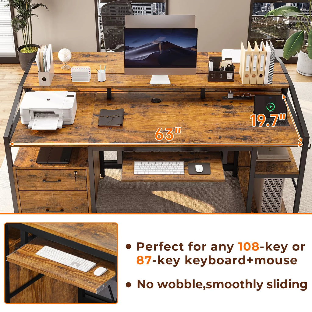 Computer Desk with LED Light and Power Outlet, 63 inches Gaming Desk with Lock Drawers P28089