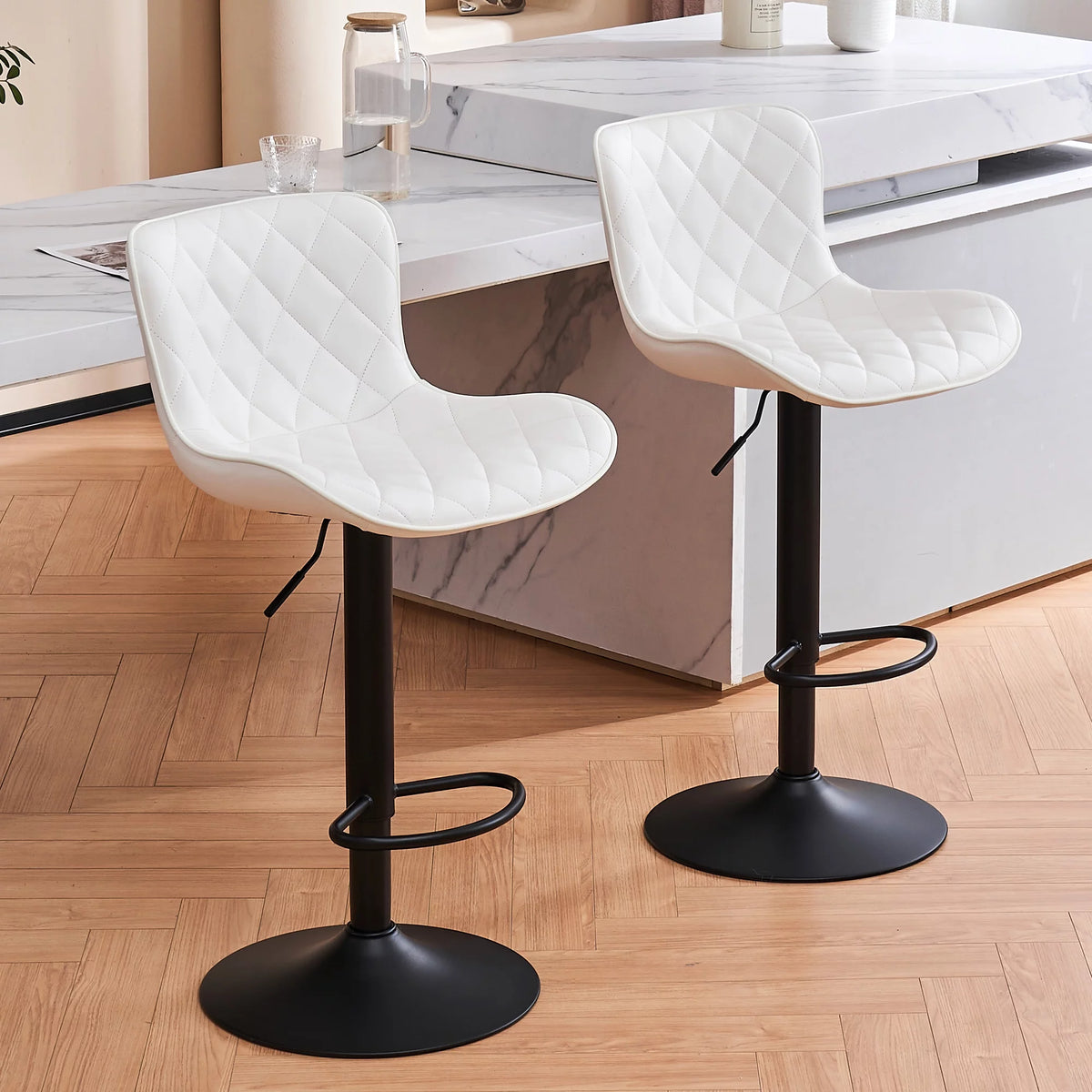 Adjustable White PU Leather Bar Stools Set of 2 F6051