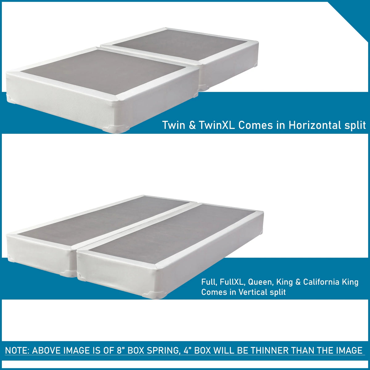 Fully Assembled 4 Split Wood Box Spring, Full, White E4590