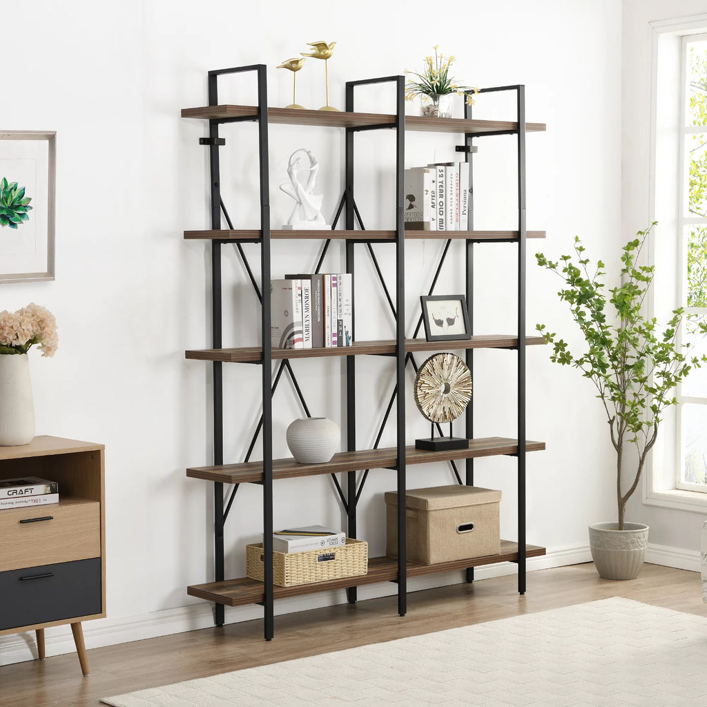 Industrial 5-Shelf Double Wide Metal Bookshelf D10593