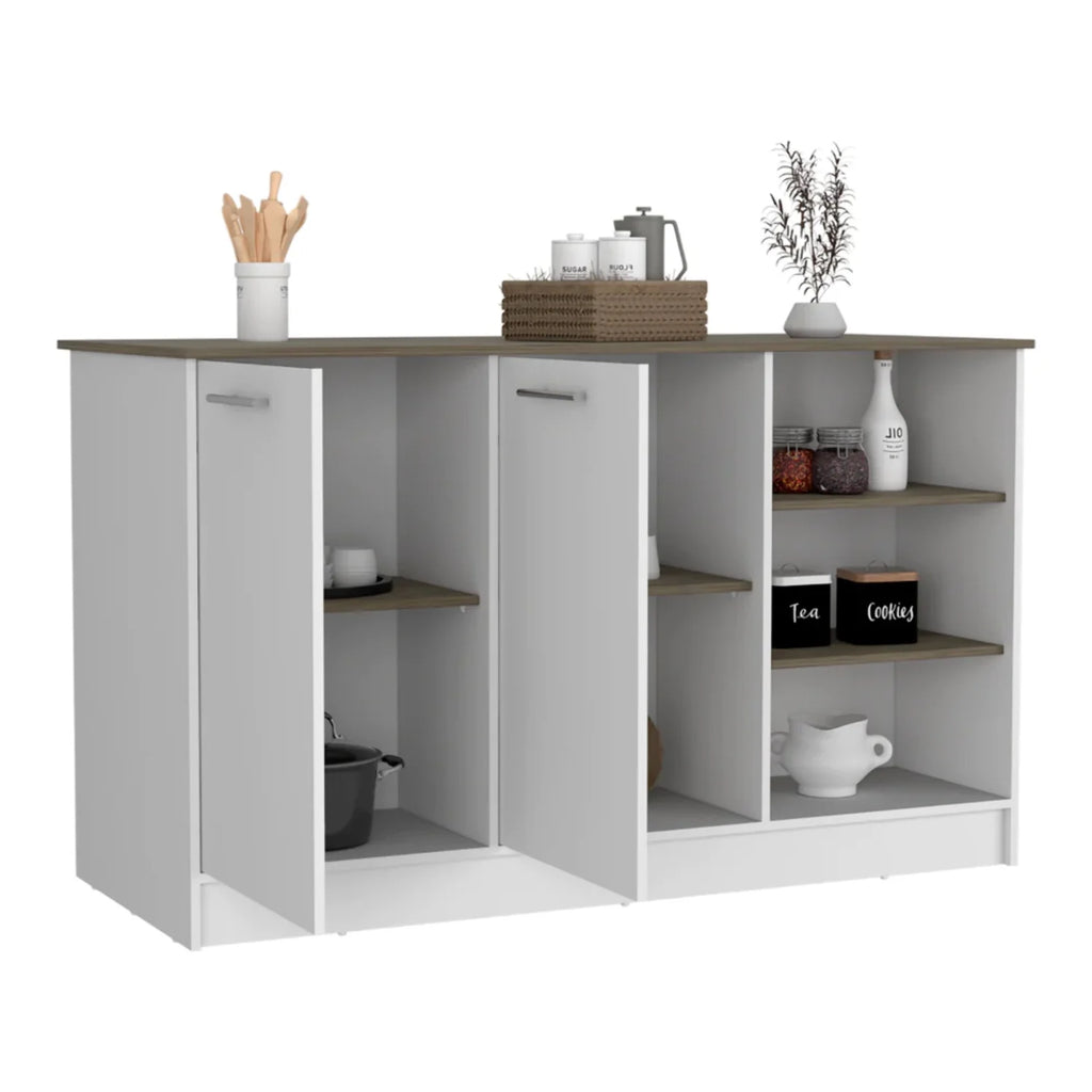 White Dark Brown Kitchen Island with Two Cabinets and Three Open Shelves H42784