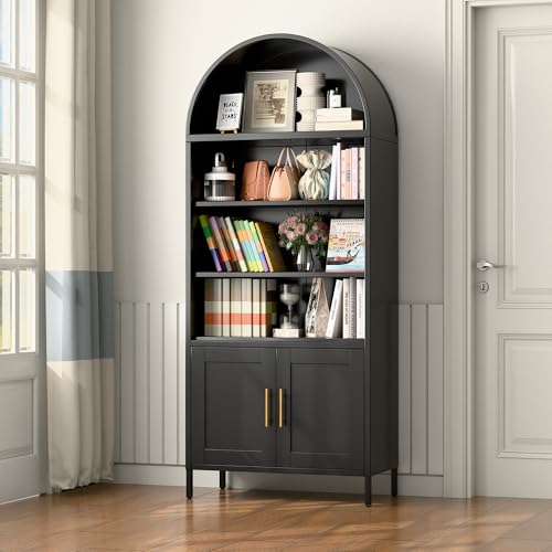 73 in Tall Black 5-Tier Metal Arched Bookcase with Doors A2238