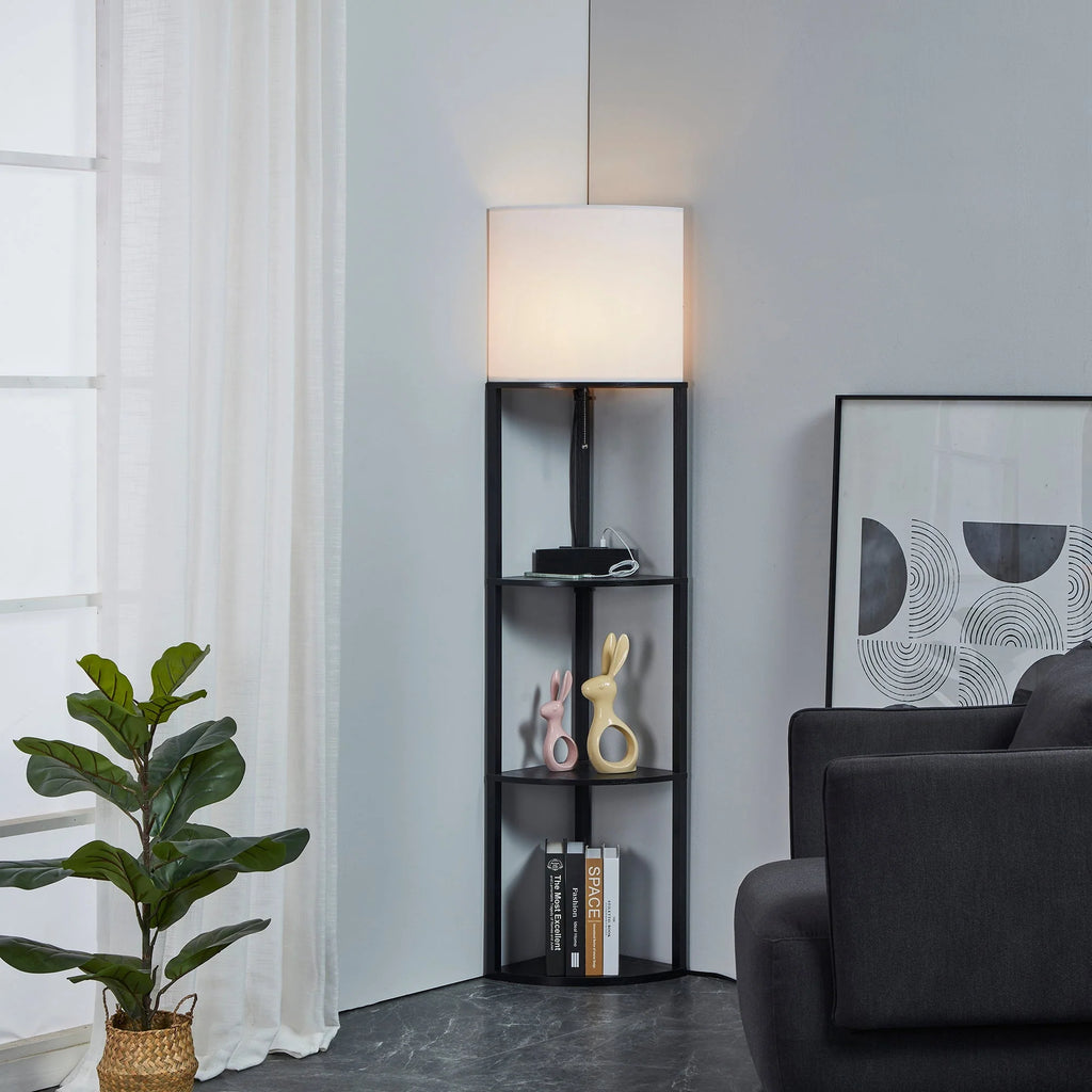 Tall Modern Corner Floor Lamp with Shelves, Natural Wood, 72 P762519