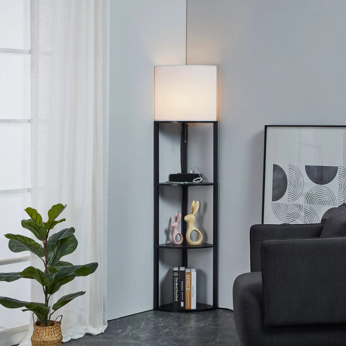 Tall Modern Corner Floor Lamp with Shelves, Natural Wood, 72 P762519