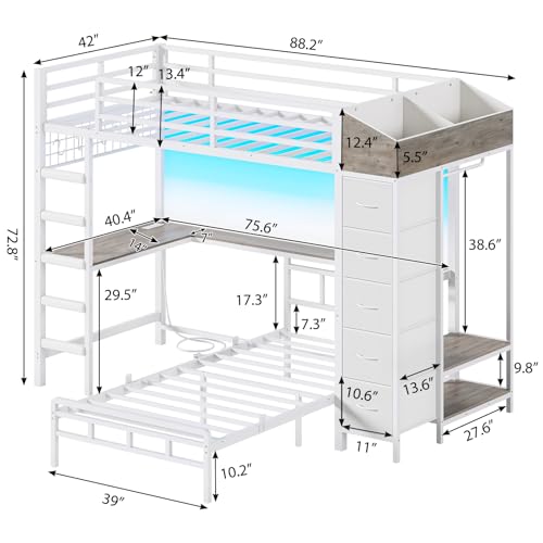 Twin Over Twin L-Shaped Bunk Bed with Desk, 5 Storage Drawers, Guardrail & Stairs, Black D382952