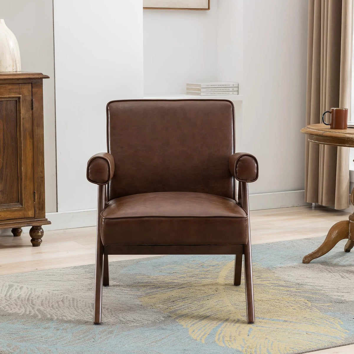 Brown PU Leather Accent Chair with Wood Armrest Z78192