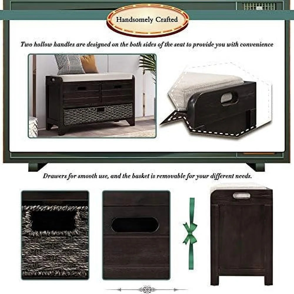 Black 3 Drawer 3 Basket Wooden Ottoman Bench O43612