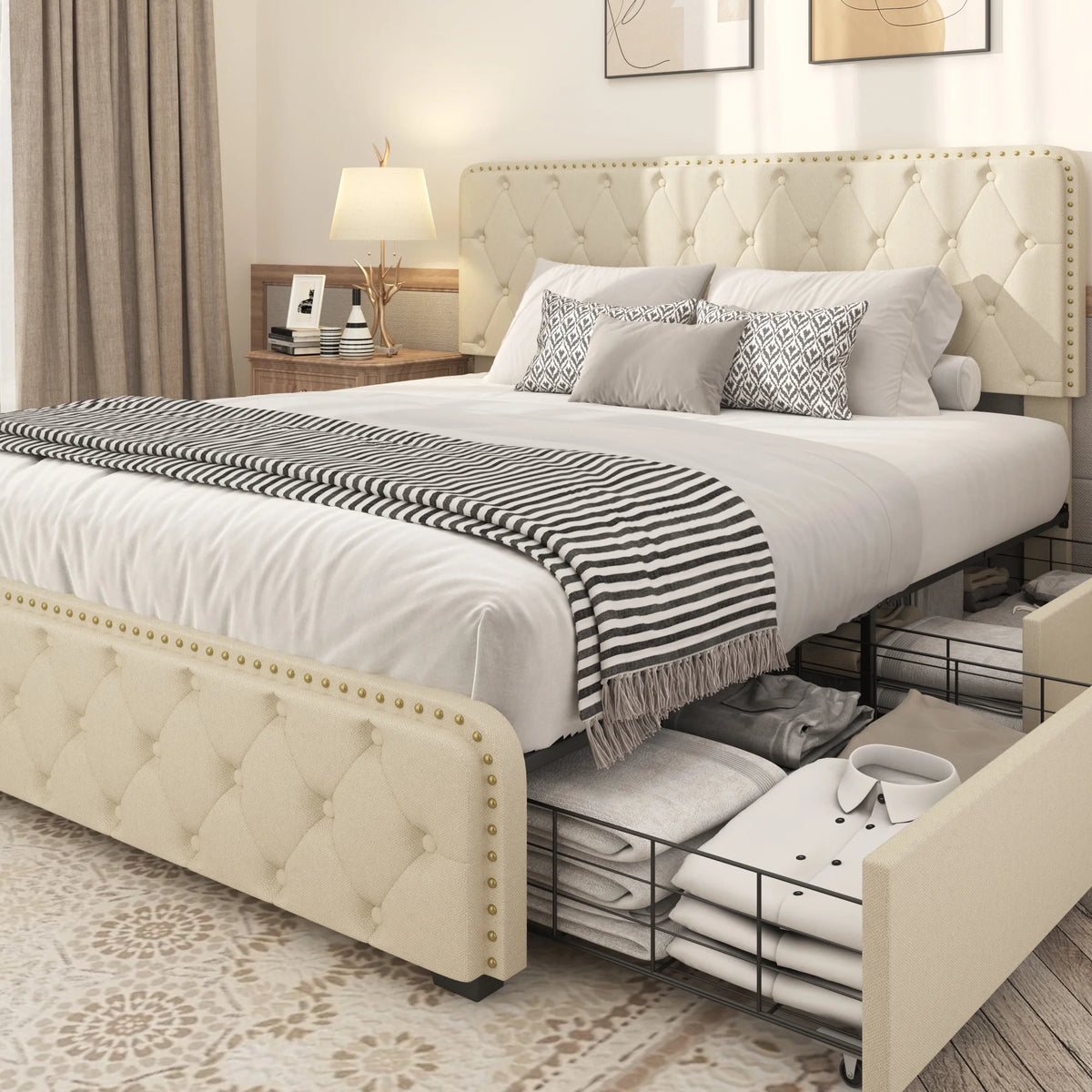 Queen Size Platform Bed Frame with 4 Storage Drawers and Upholstered Headboard D53900