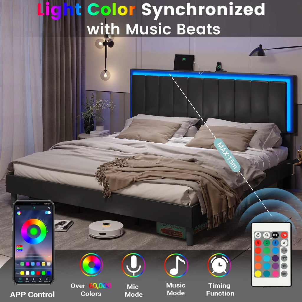Black Leather Upholstered King Bed Frame with Charging Station and LED Lights Q374754