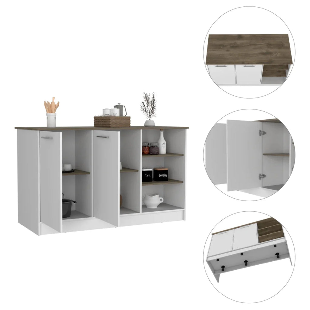 White Dark Brown Kitchen Island with Two Cabinets and Three Open Shelves H42784