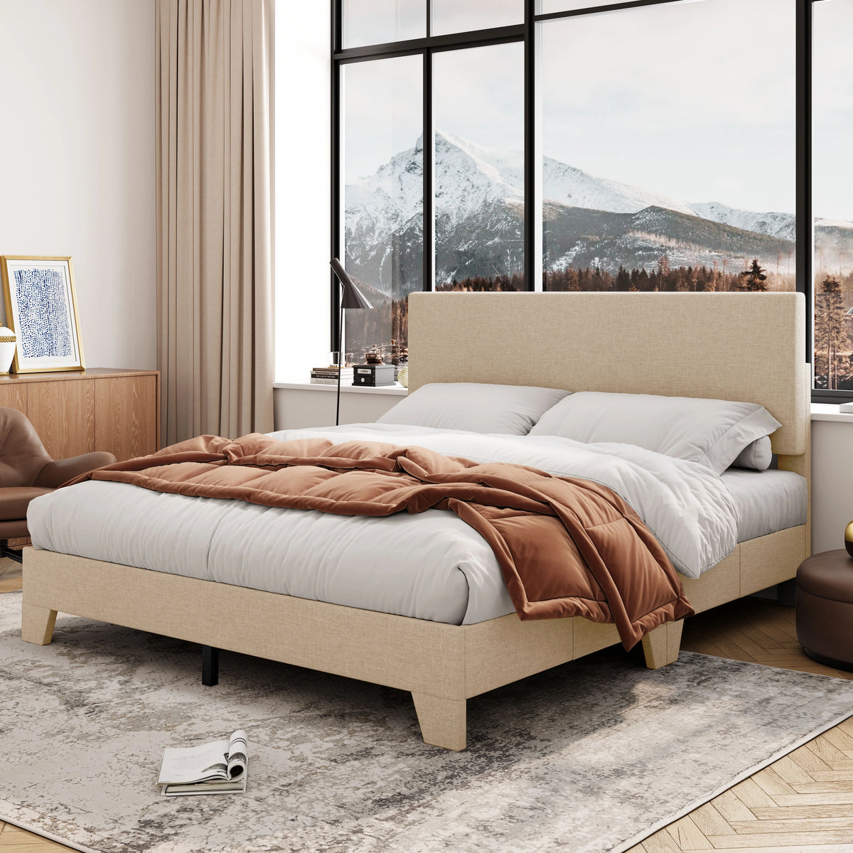 Queen Size Platform Bed with Adjustable Leather Headboard M579196