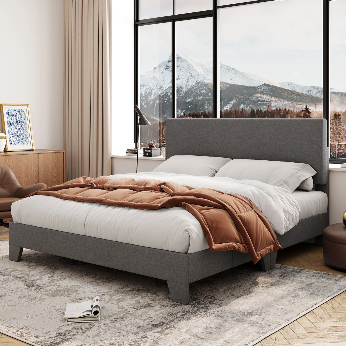 Queen Size Platform Bed with Adjustable Leather Headboard M579196