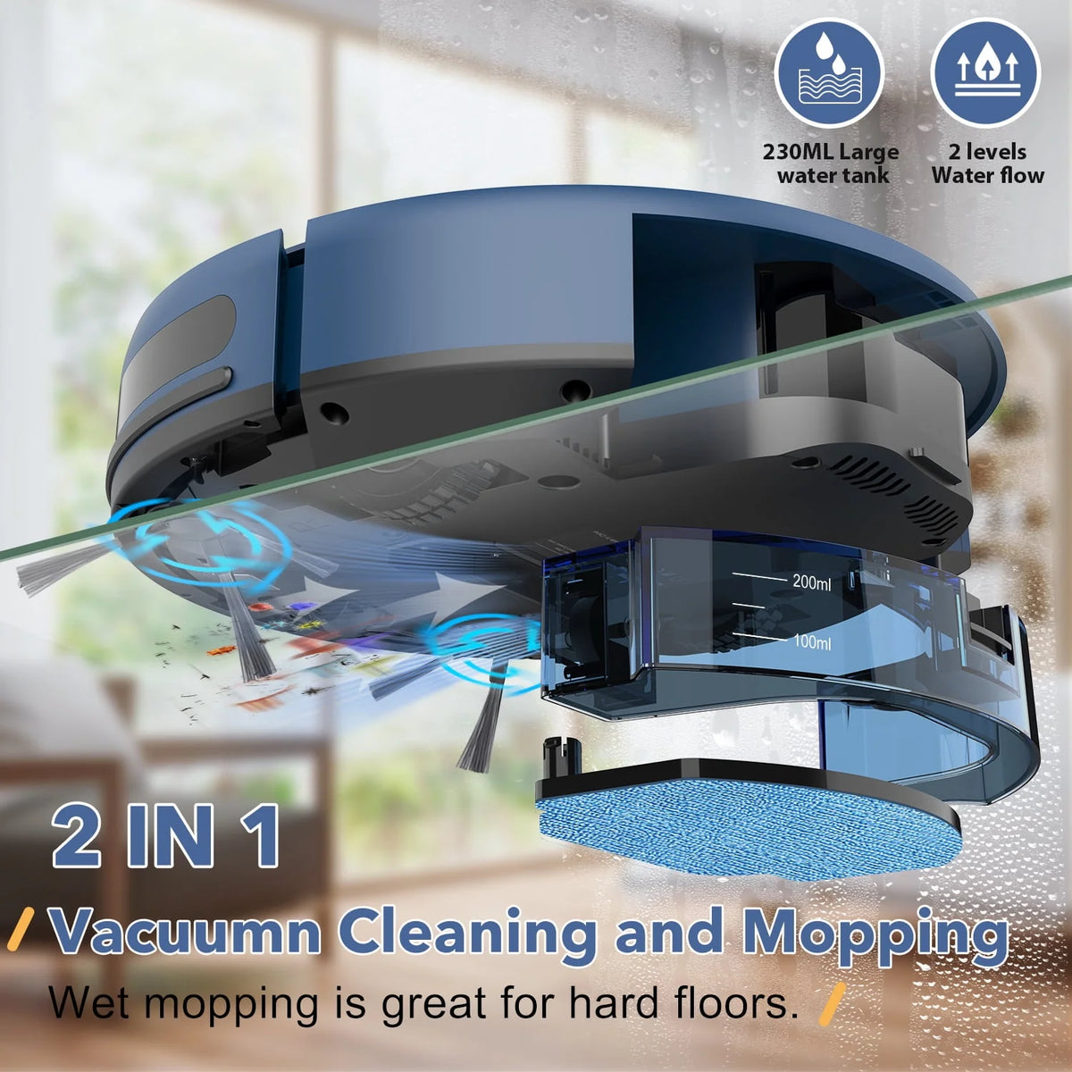 Robot Vacuum and Mop Combo 230ML Water Tank Blue V2263