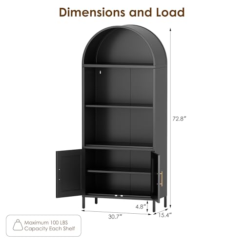 73 in Tall Black 5-Tier Metal Arched Bookcase with Doors A2238