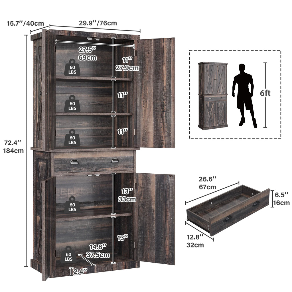 72" 4 Door 6-Tier Rustic Oak Kitchen Pantry Storage Cabinet T60680