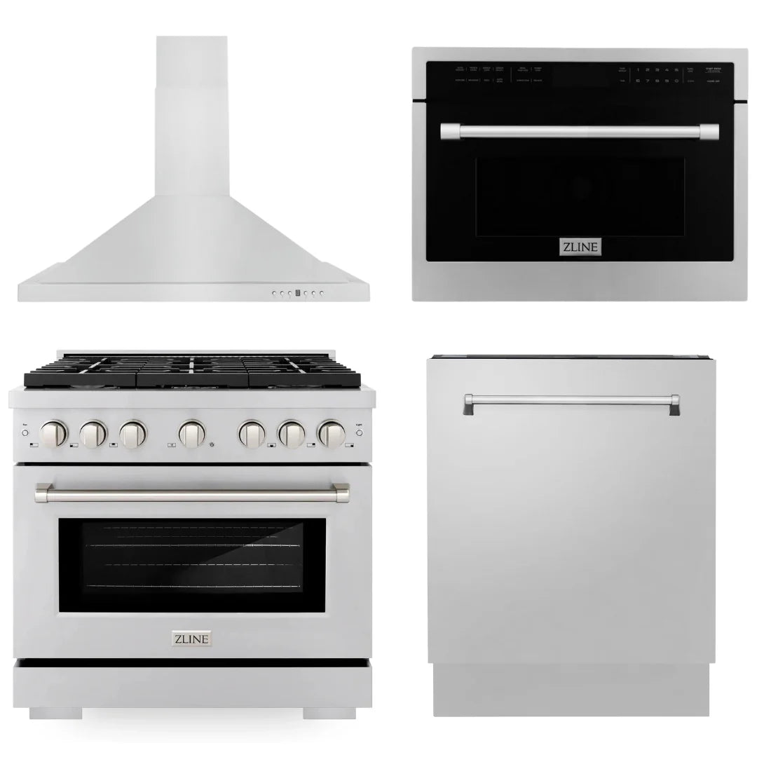 36 in. Gas Range, Range Hood, Microwave Oven, 3 Rack Dishwasher T886556