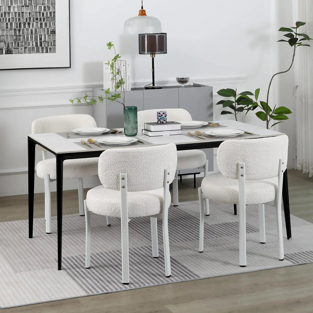 White Set of 6 Upholstered Boucle Dining Chairs V5581