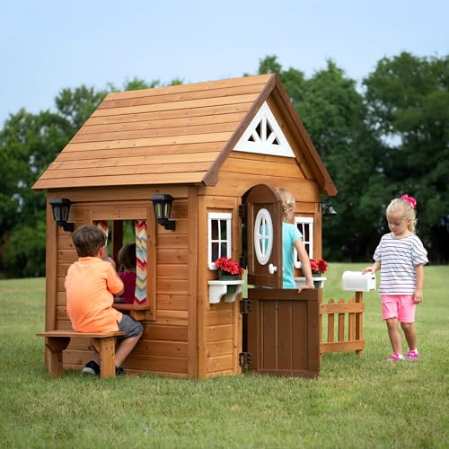 Cedar Wooden Kids Playhouse Cottage with Play Kitchen L135692