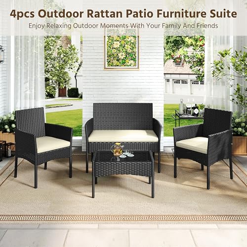 4 Pieces Rattan Wicker Patio Furniture Set with Cushion and Glass Table Y960979