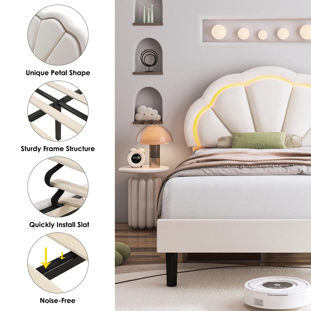 Twin Size Off-White Velvet Upholstered Platform Bed with Adjustable Headboard V55352