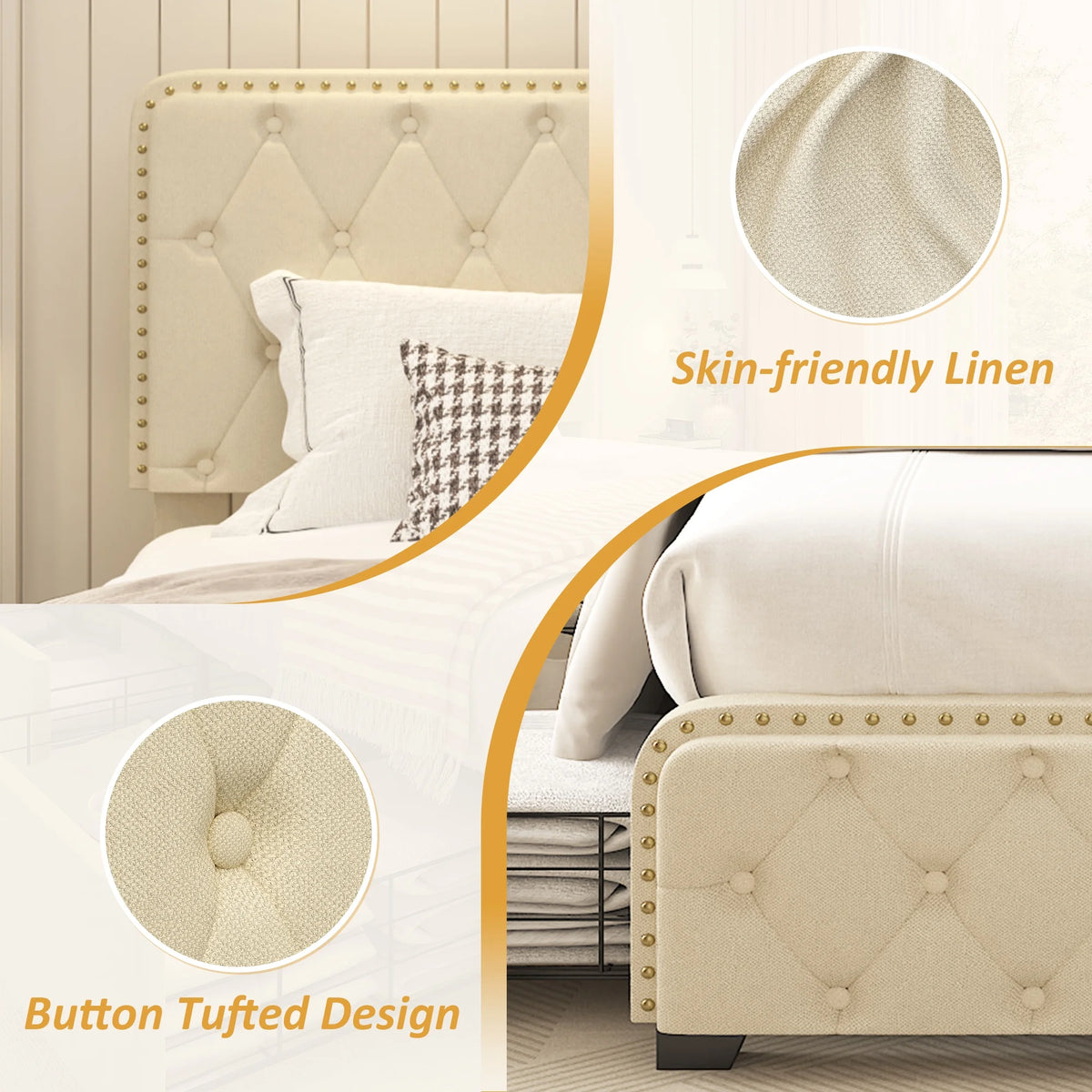 Queen Size Platform Bed Frame with 4 Storage Drawers and Upholstered Headboard D53900