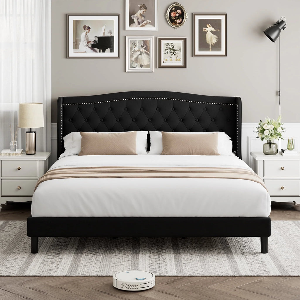 King Bed Frame with Wing-Back Button Tufted Upholstered Headboard V61355