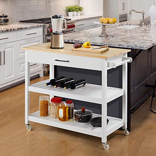 White 3-Tier Rolling Kitchen Island Cart with Bamboo Tabletop X906264