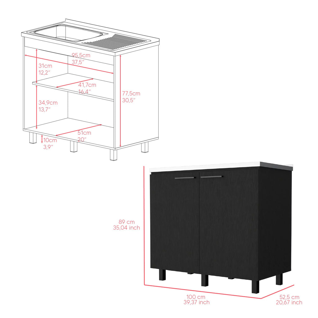 2 Piece Kitchen Set, Wall Cabinet + Utility Sink, Black Wengue Finish U37580