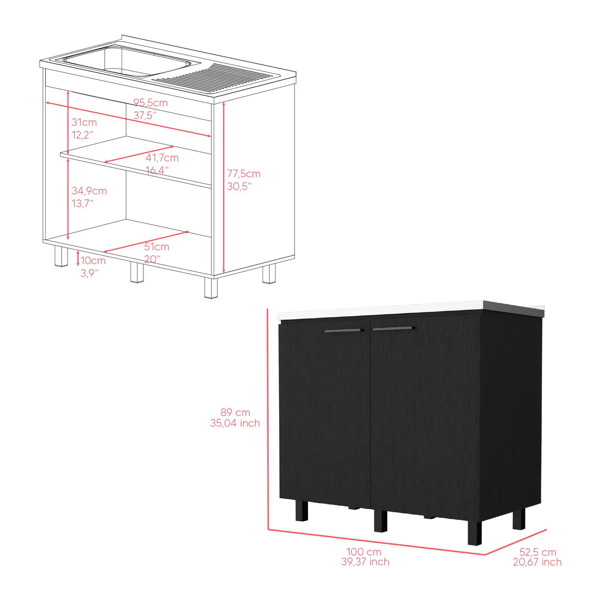 2 Piece Kitchen Set, Wall Cabinet + Utility Sink, Black Wengue Finish U37580
