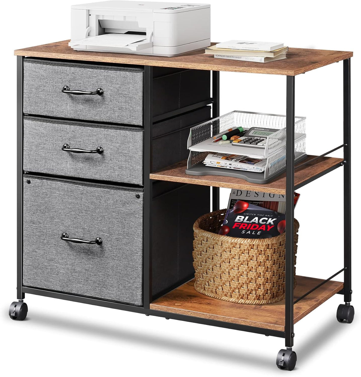 3 Drawer Mobile File Cabinet with Open Storage Shelf, Black F9172