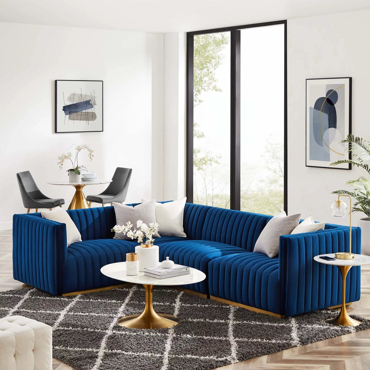 Gold Navy Velvet 4-Piece Sectional L14725