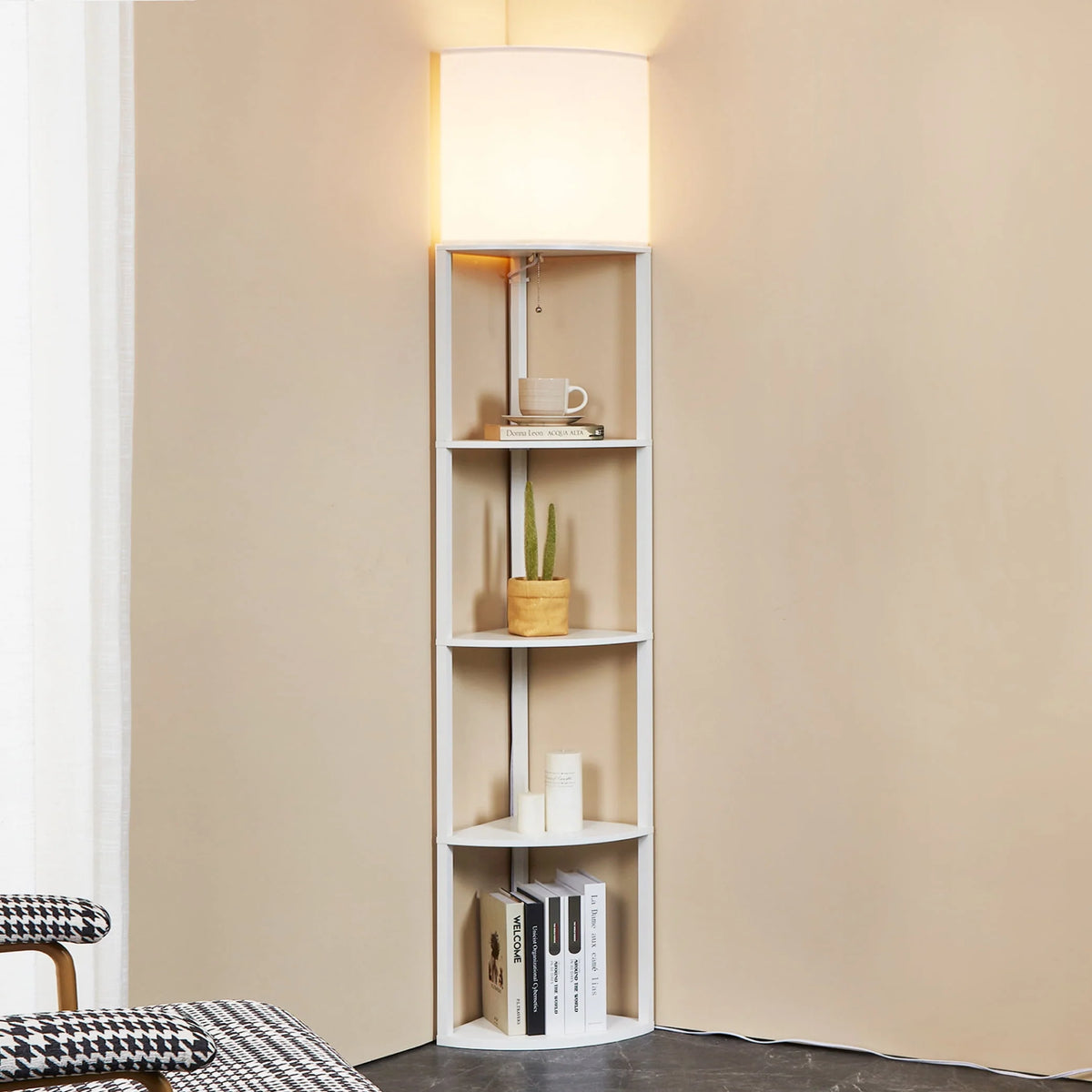 Tall Modern Corner Floor Lamp with Shelves, Natural Wood, 72 P762519