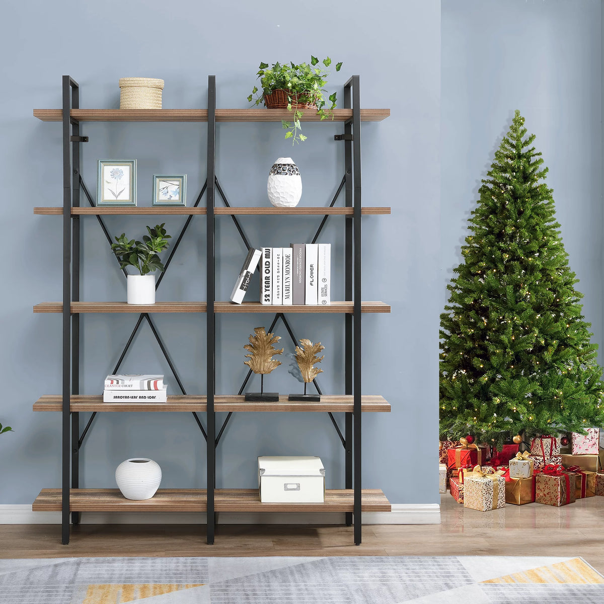 Industrial 5-Shelf Double Wide Metal Bookshelf D10593