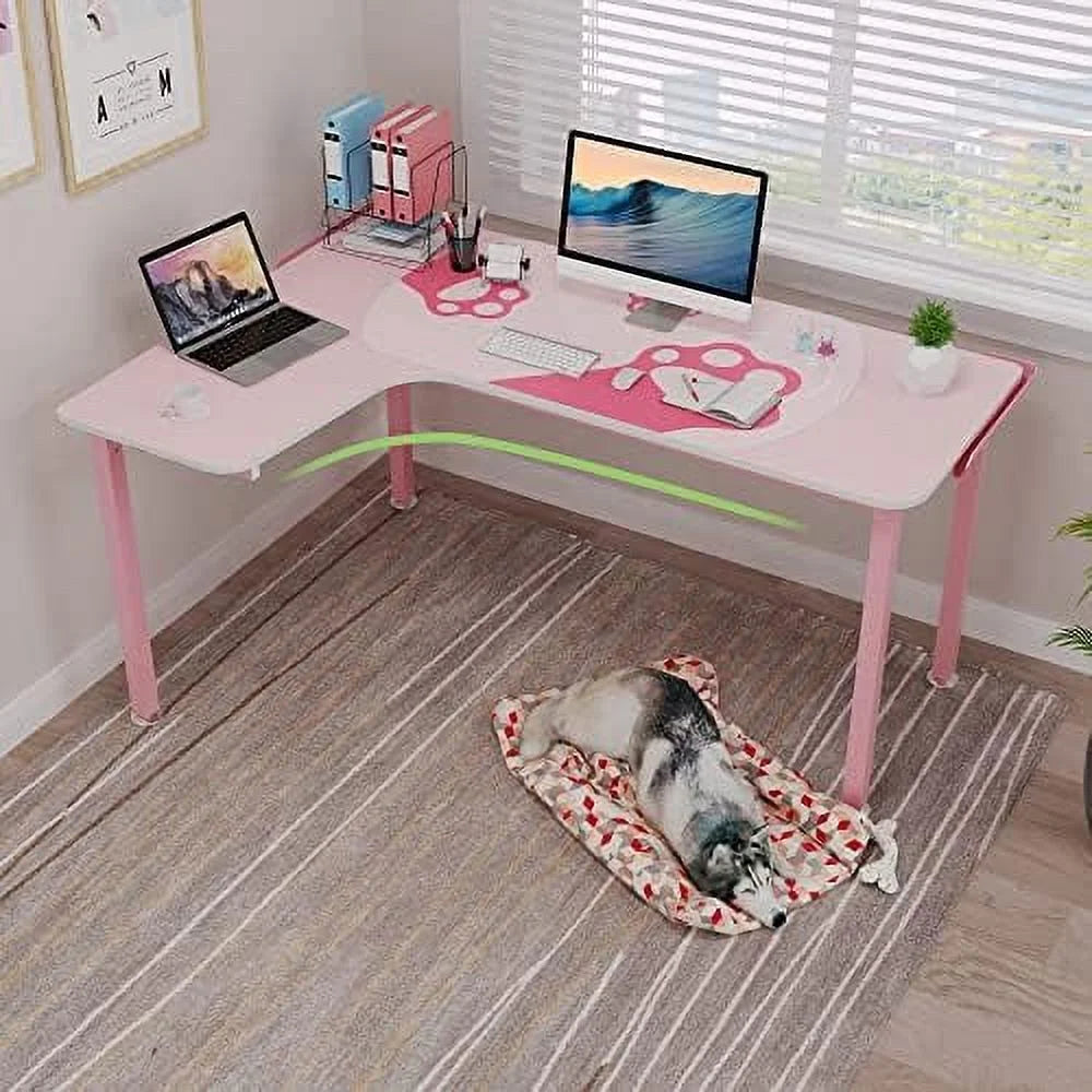 61 Inch L Shaped Pink Gaming Desk with Mousepad C29164