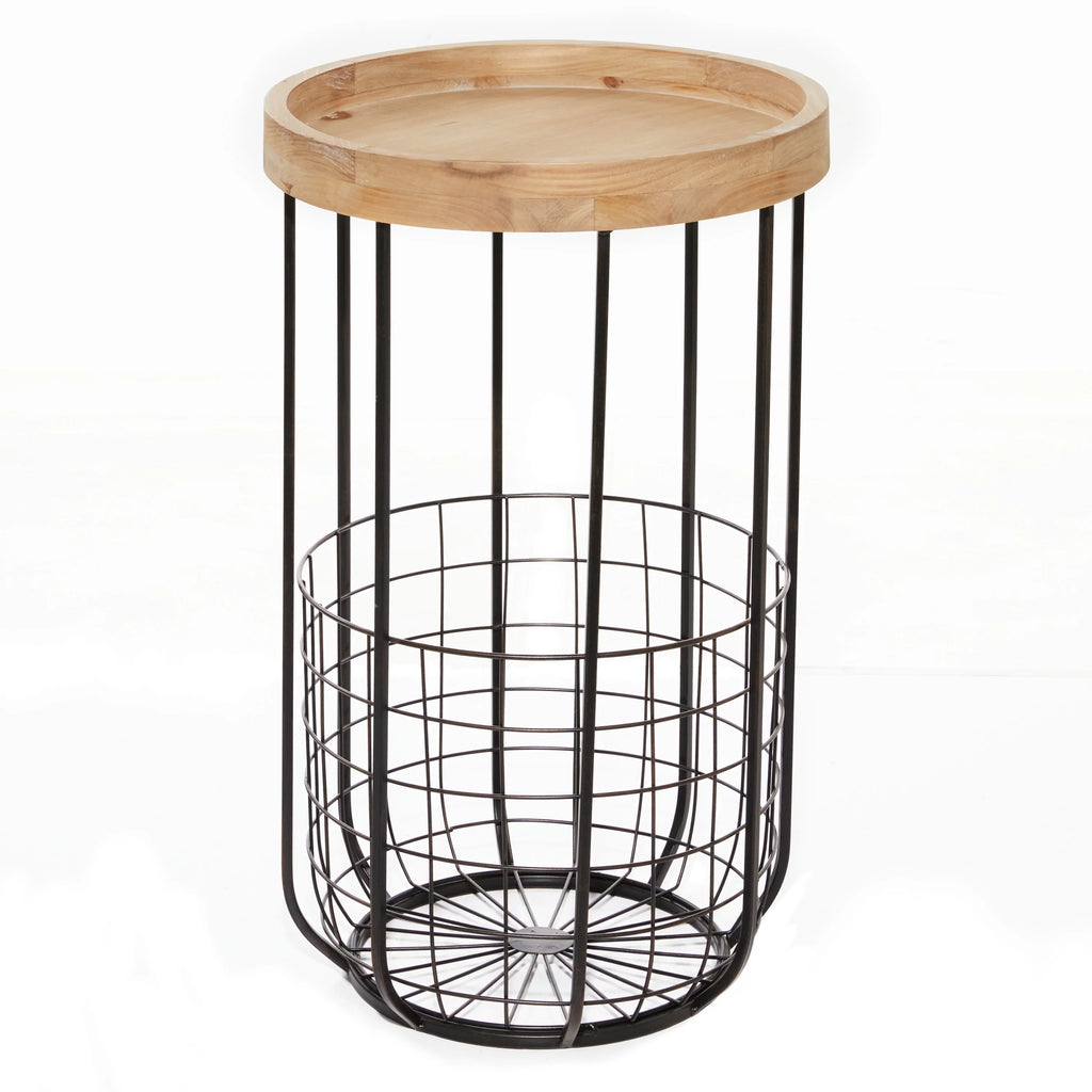 16" x 26" Black Metal Accent Table with Brown Wood Top and Wire Basket Storage L127