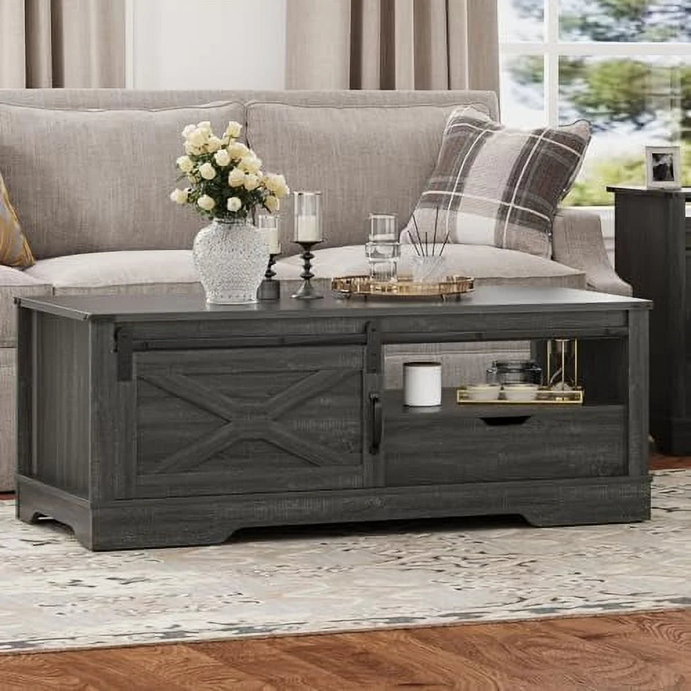 Dark Grey 48'' Rustic Coffee Table with Sliding Barn Door S7289