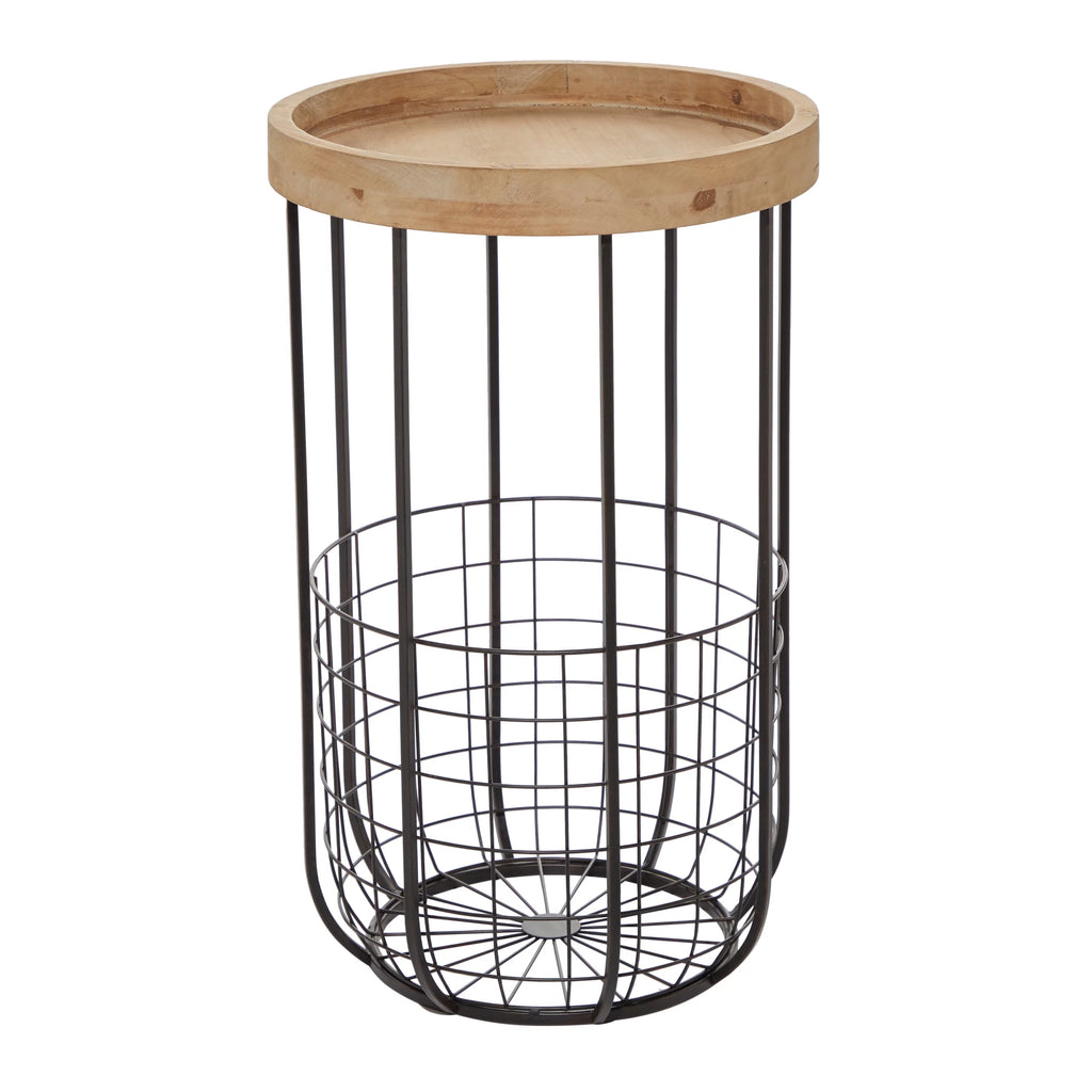 16" x 26" Black Metal Accent Table with Brown Wood Top and Wire Basket Storage L127