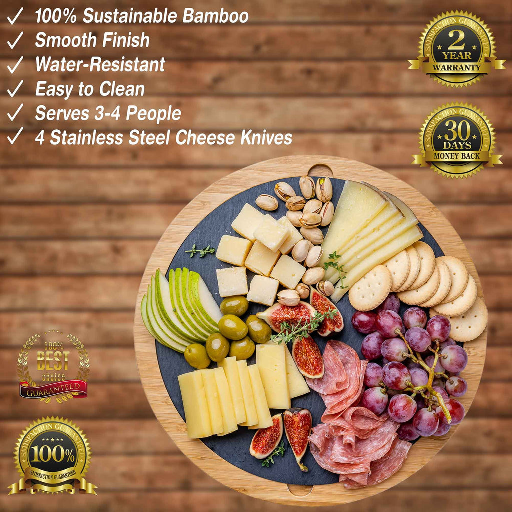 Bamboo Cheese Board with Knife Set and Slate C827