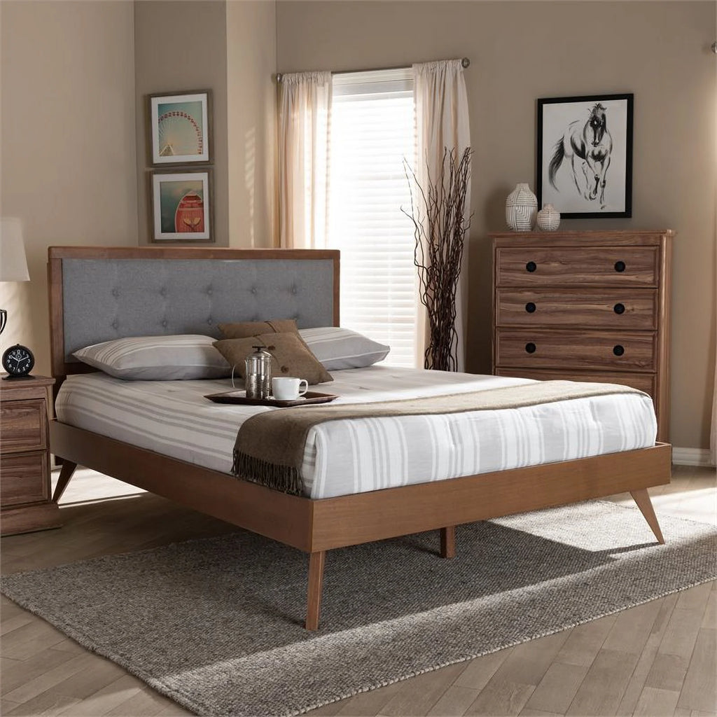 Mid-Century Wood and Fabric King Platform Bed C7339